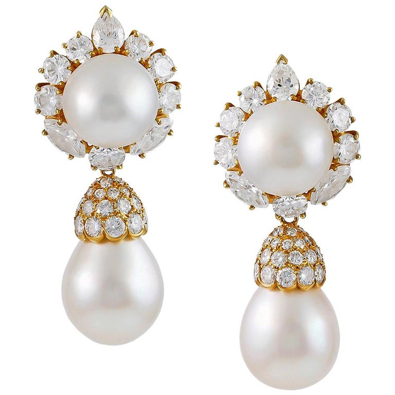 Van Cleef and Arpels Diamond and Pearl Ear Pendants For Sale at 1stdibs