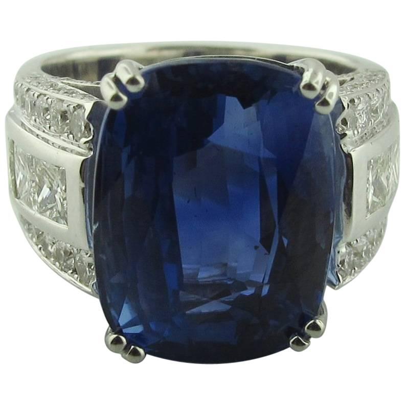 GIA Certified 13.97 Carat Burma No-Heat Blue Sapphire Diamond Ring in Platinum