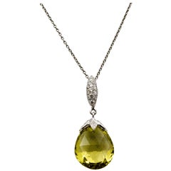 10.50 Carat Lime Quartz Brio 18 Karat White Gold Pendant .22 Carat Diamonds