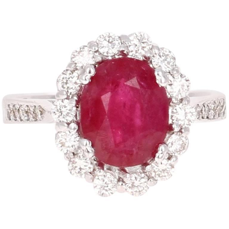 3.98 Carat Oval Cut Ruby Diamond White Gold Engagement Ring