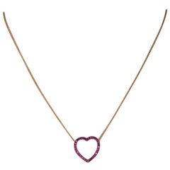 18 Karat Yellow Gold with 32 Pink Rubies 0.57 Carat Heart Pendant Necklace 