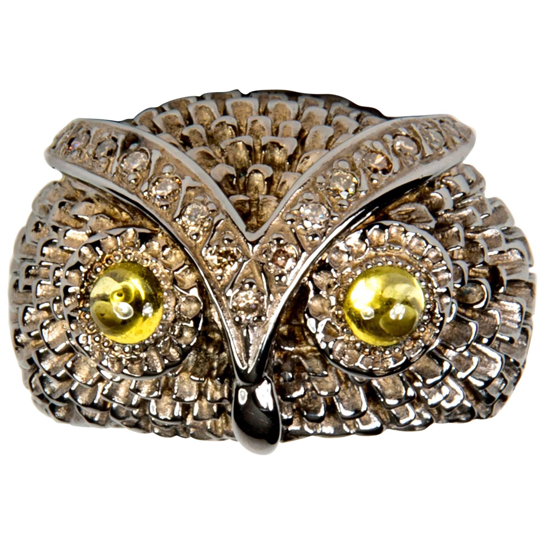 Owl Silver Brown Diamond Band Ring For Sale