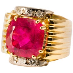 1940s Red Tourmaline Diamond 18K White and Yellow Gold Ring