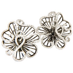 Sea Anemone White and Black Diamond Flower Earrings in White Gold 18K