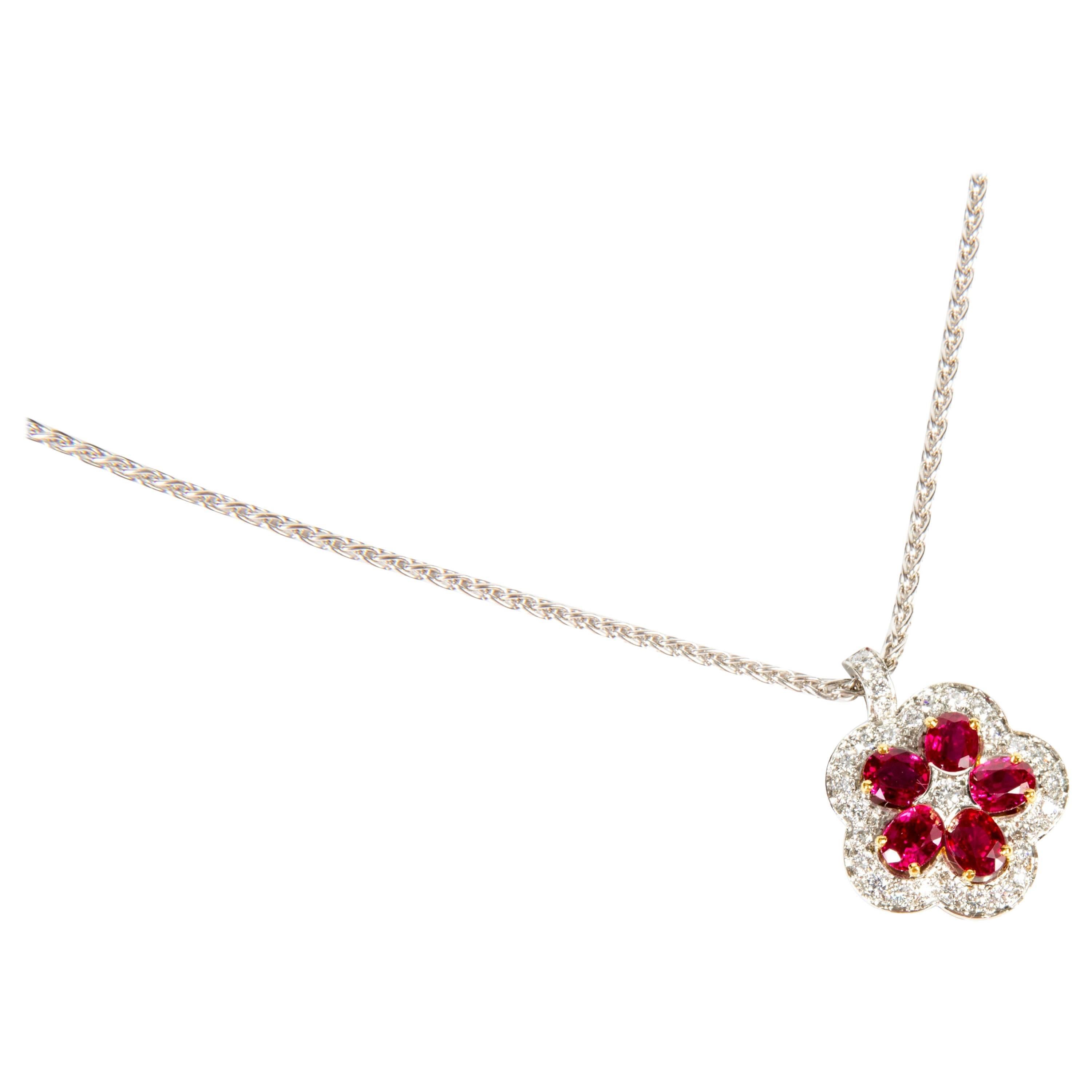 Ruby Diamond Flower Pendant Necklace For Sale