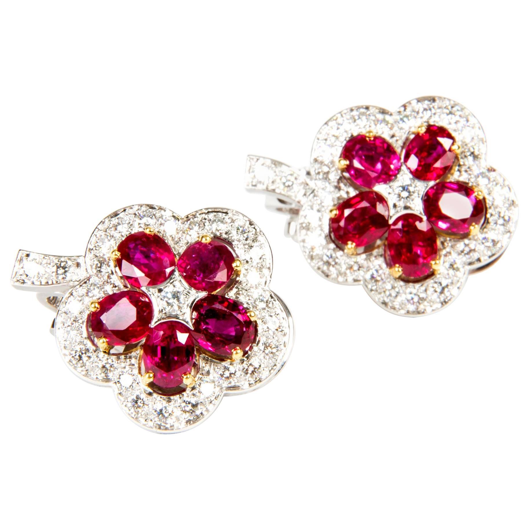 Ruby Diamond Flower Earrings For Sale