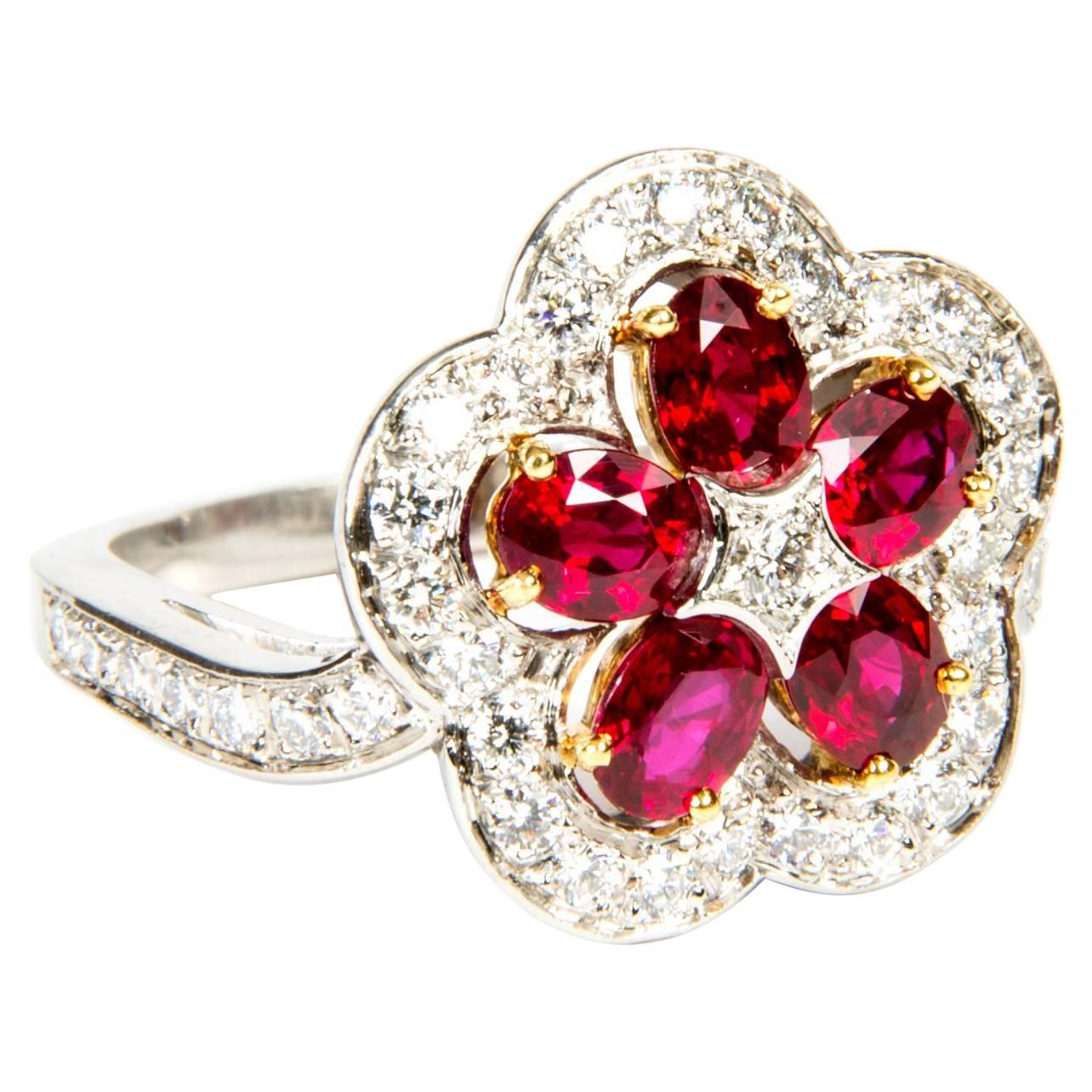 Ruby Diamond Flower Cluster Ring For Sale