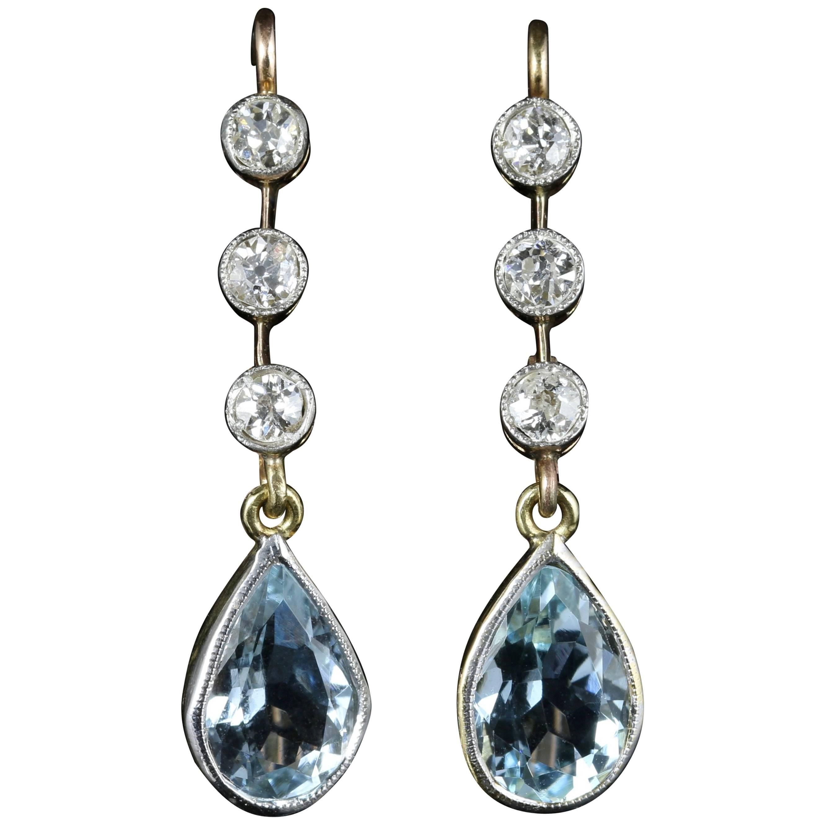 Antique Victorian Aquamarine Diamond Earrings 18 Carat Gold, circa 1900