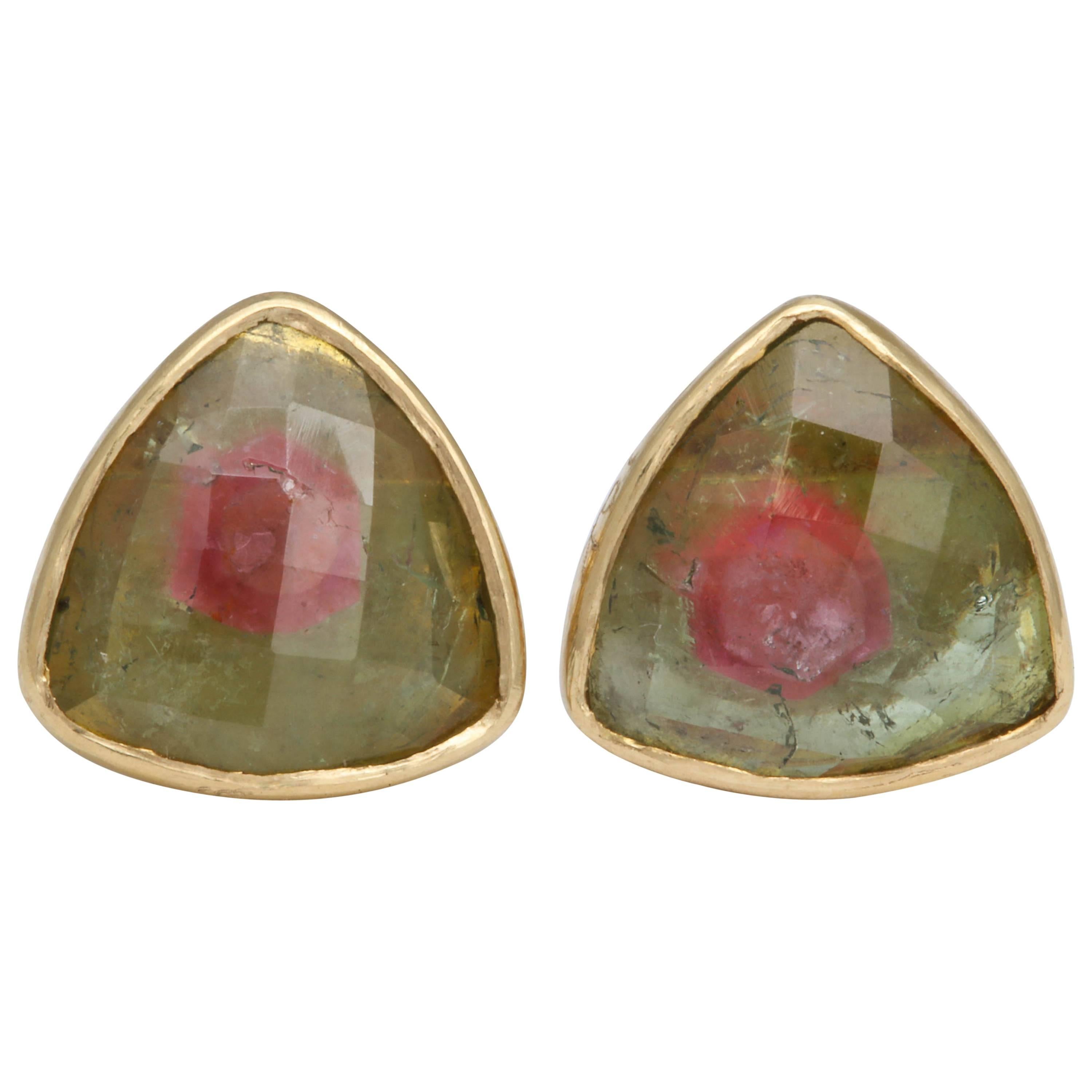 Rebecca Koven Gold Watermelon Tourmaline Stud Earrings For Sale