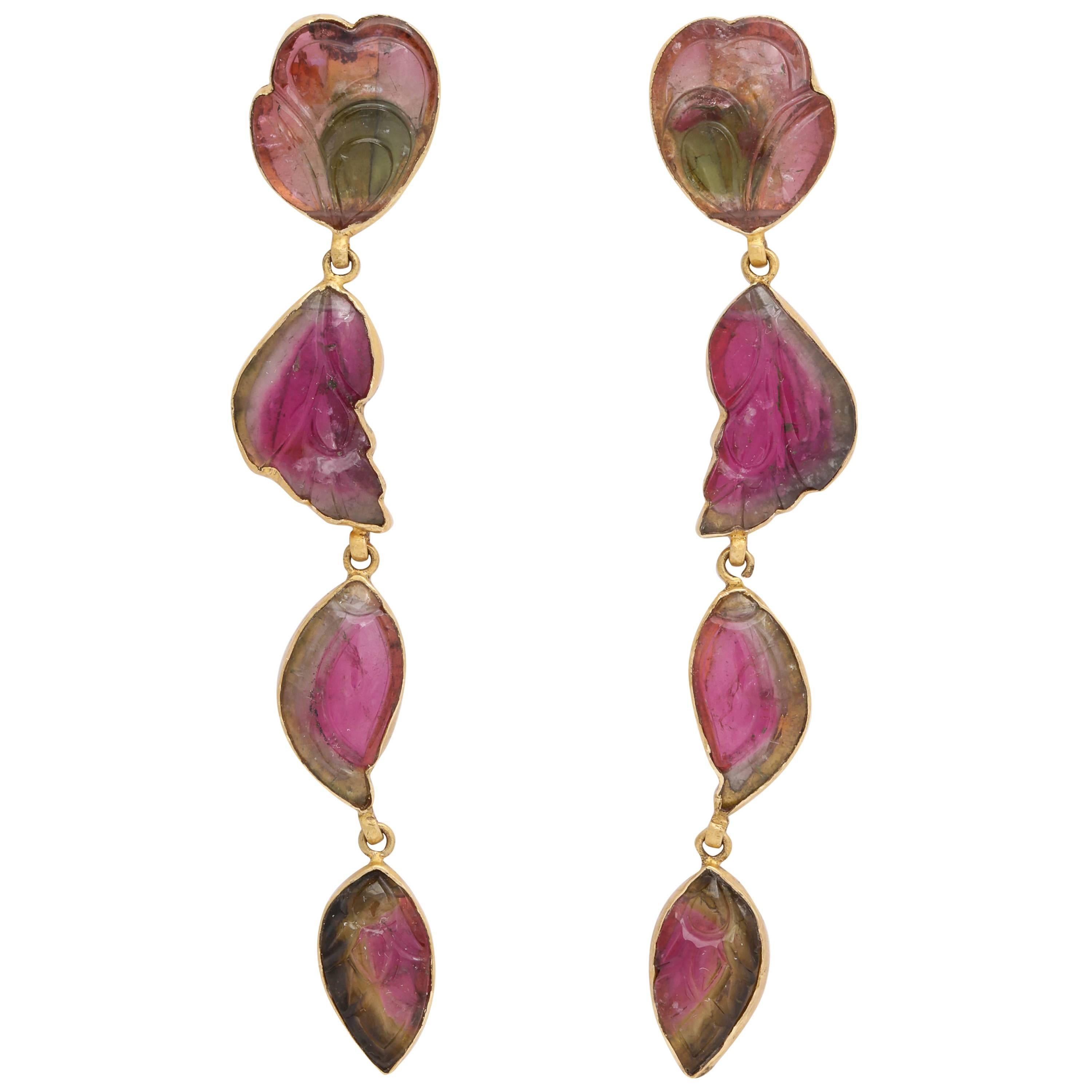 Rebecca Koven Gold Carved Watermelon Tourmaline Pendant Earrings For Sale