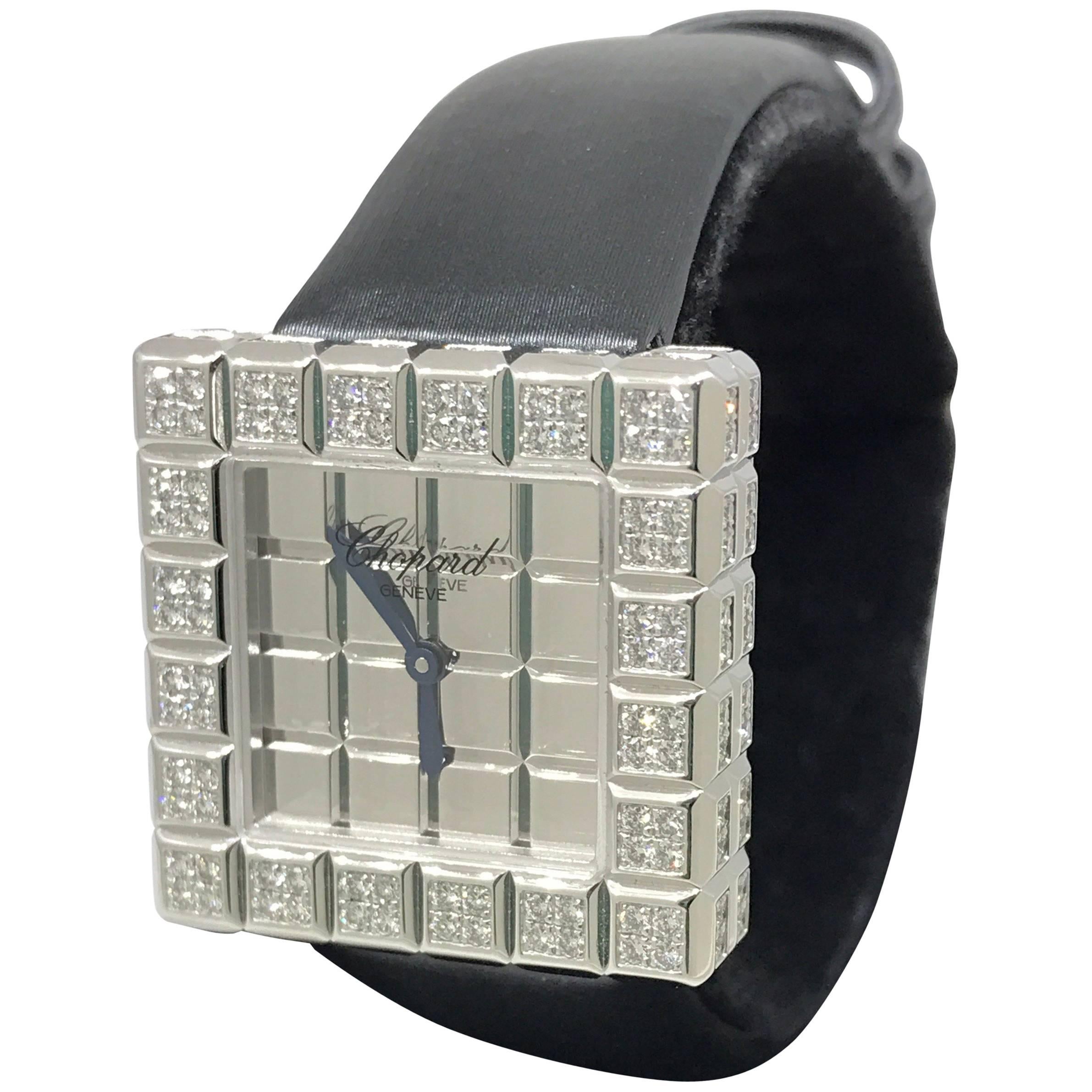 Chopard Ice Cube 18 Karat White Gold and Diamond Black Satin Band Ladies Watch For Sale