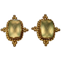 1980s Mazza 27 Carat Green Prehnite Gold Clip Earrings