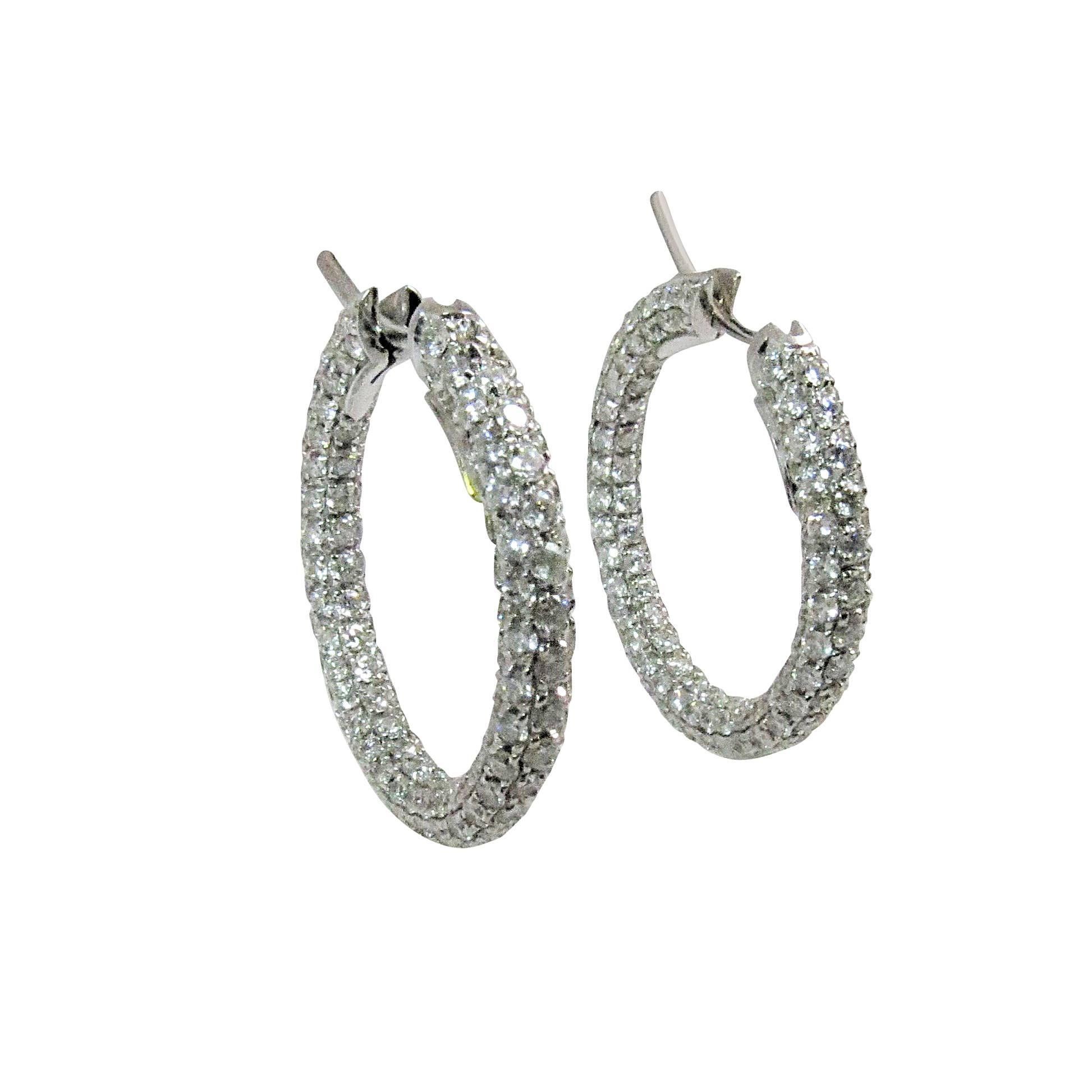 18 Karat White Gold Full Pave Diamond Hoop Earrings For Sale