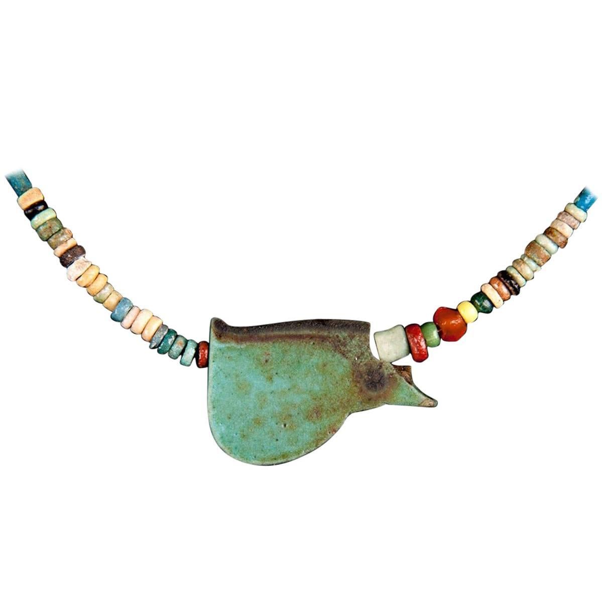Multicolor Faience Bead Necklace with Olive Green Eye of Ra Amulet