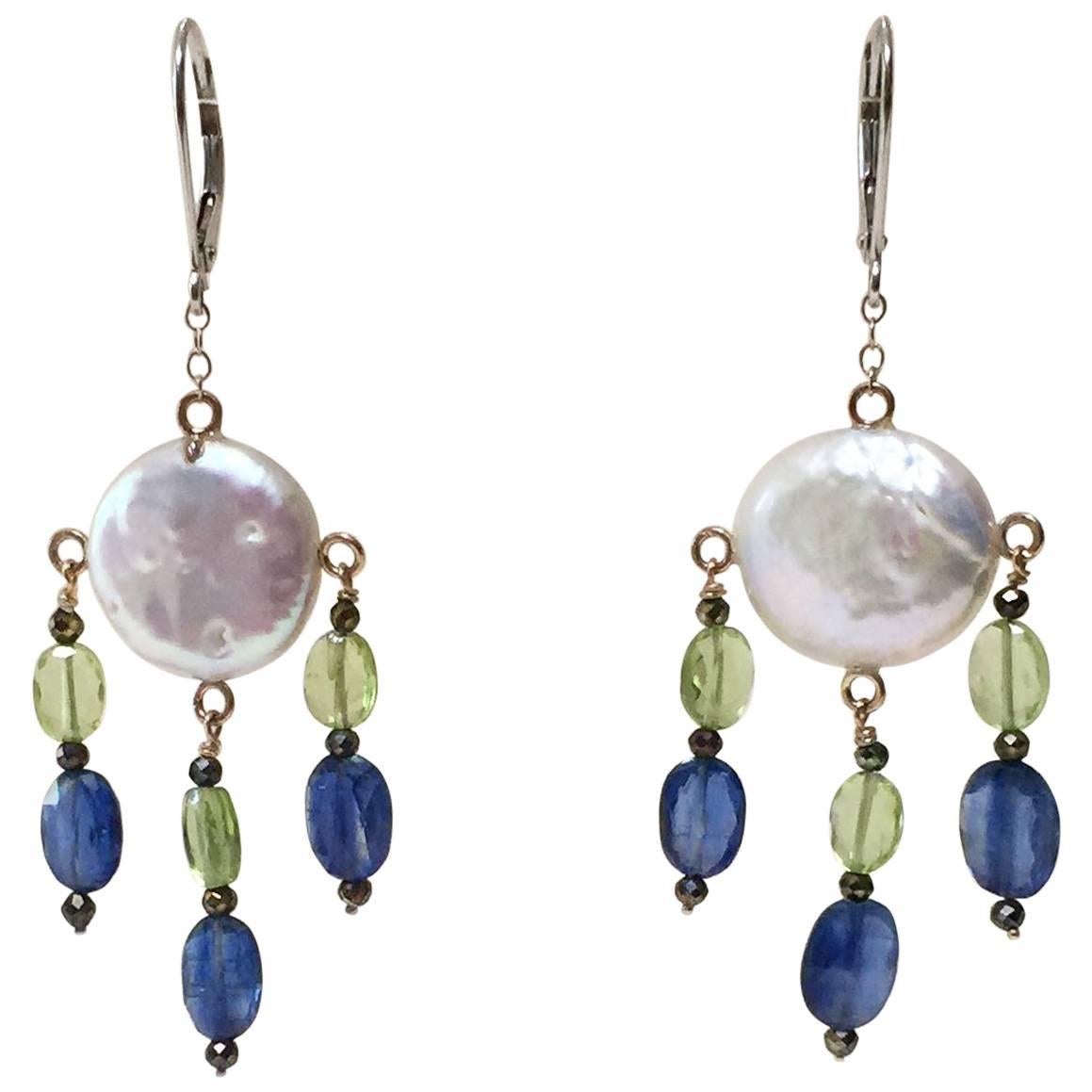 Pearl, Peridot, and Kyanite Earrings with Black Spinel and 14k Gold by Marina J For Sale