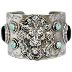 Jill Garber Antique Art Nouveau Lion with Natural Turquoise Wide Cuff Bracelet