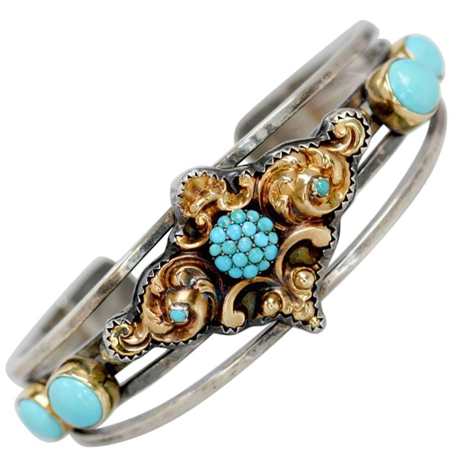 Jill Garber Antique Georgian 14 Karat Gold with Persian Turquoise Cuff Bracelet For Sale