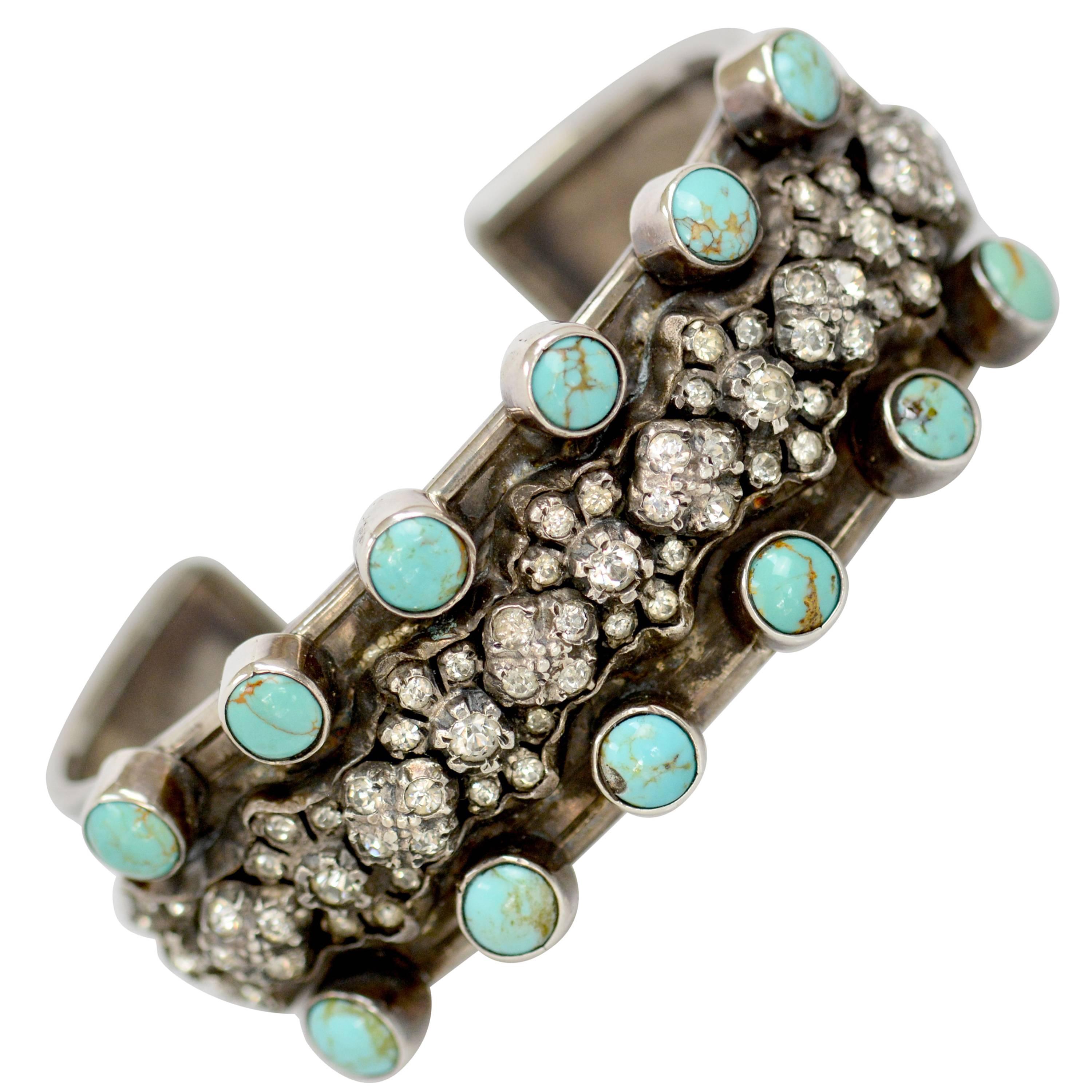 Jill Garber Antique French Paste with Turquoise Sterling Silver Cuff Bracelet