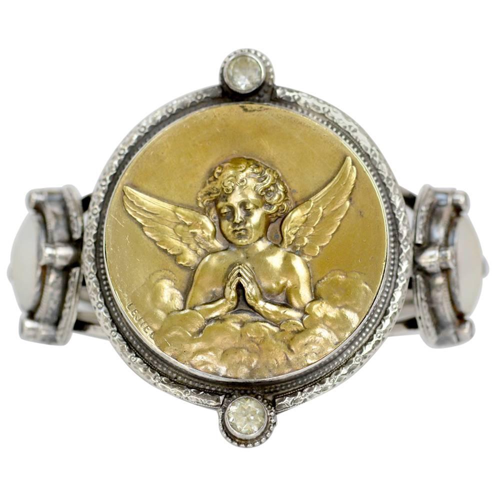 Jill Garber French Art Nouveau Angel Medal Cuff Bracelet with Praisiolite For Sale