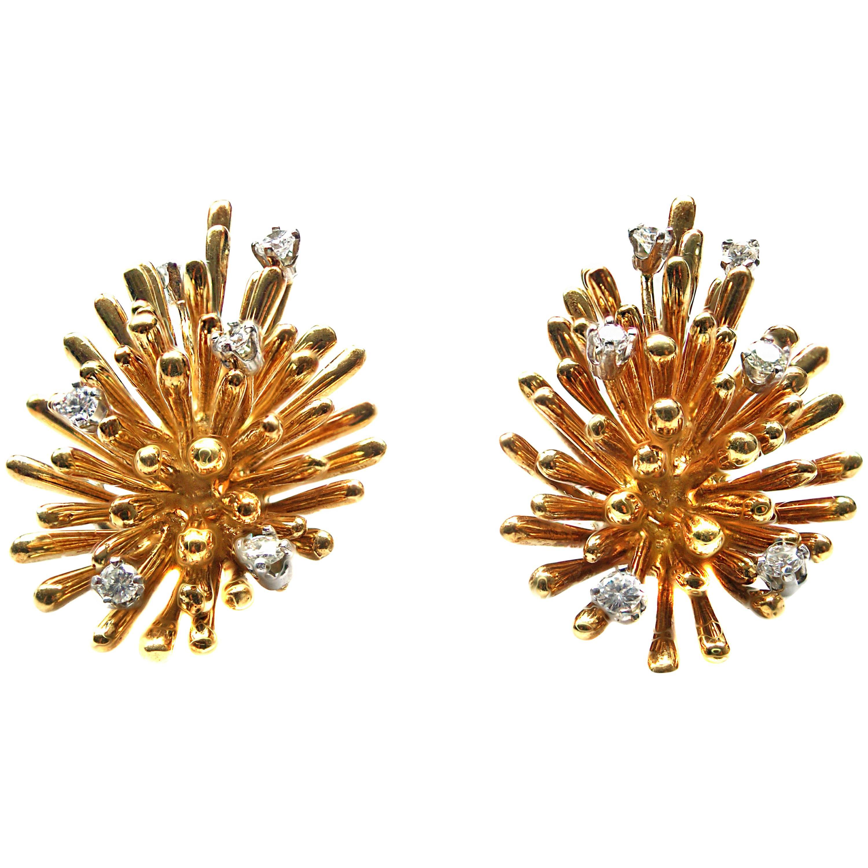 1960s Diamond 18 Karat Yellow Gold Ear Clips