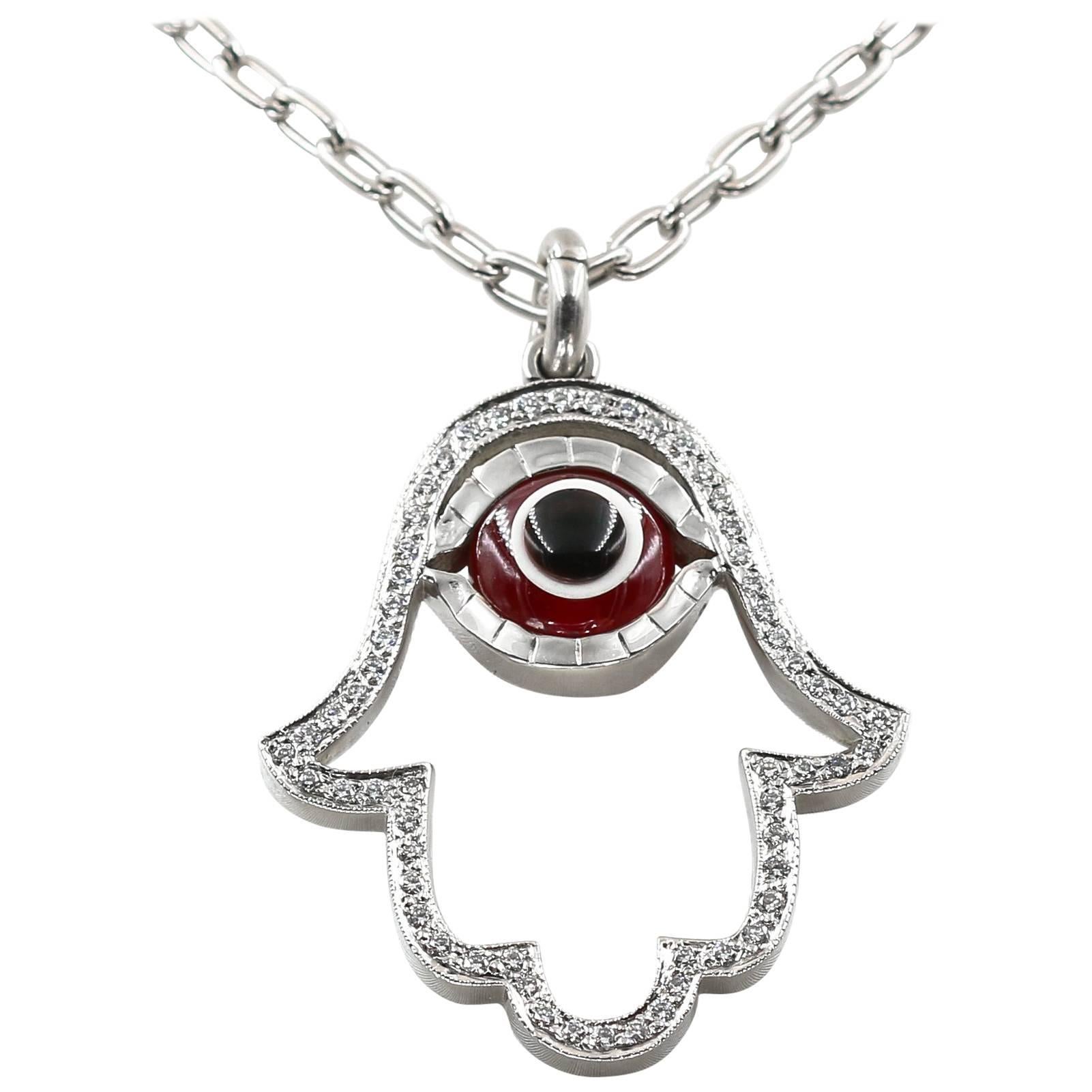 "Lucky Eye" Hamsa Pendant with Diamonds and Synthetic Ruby Eye