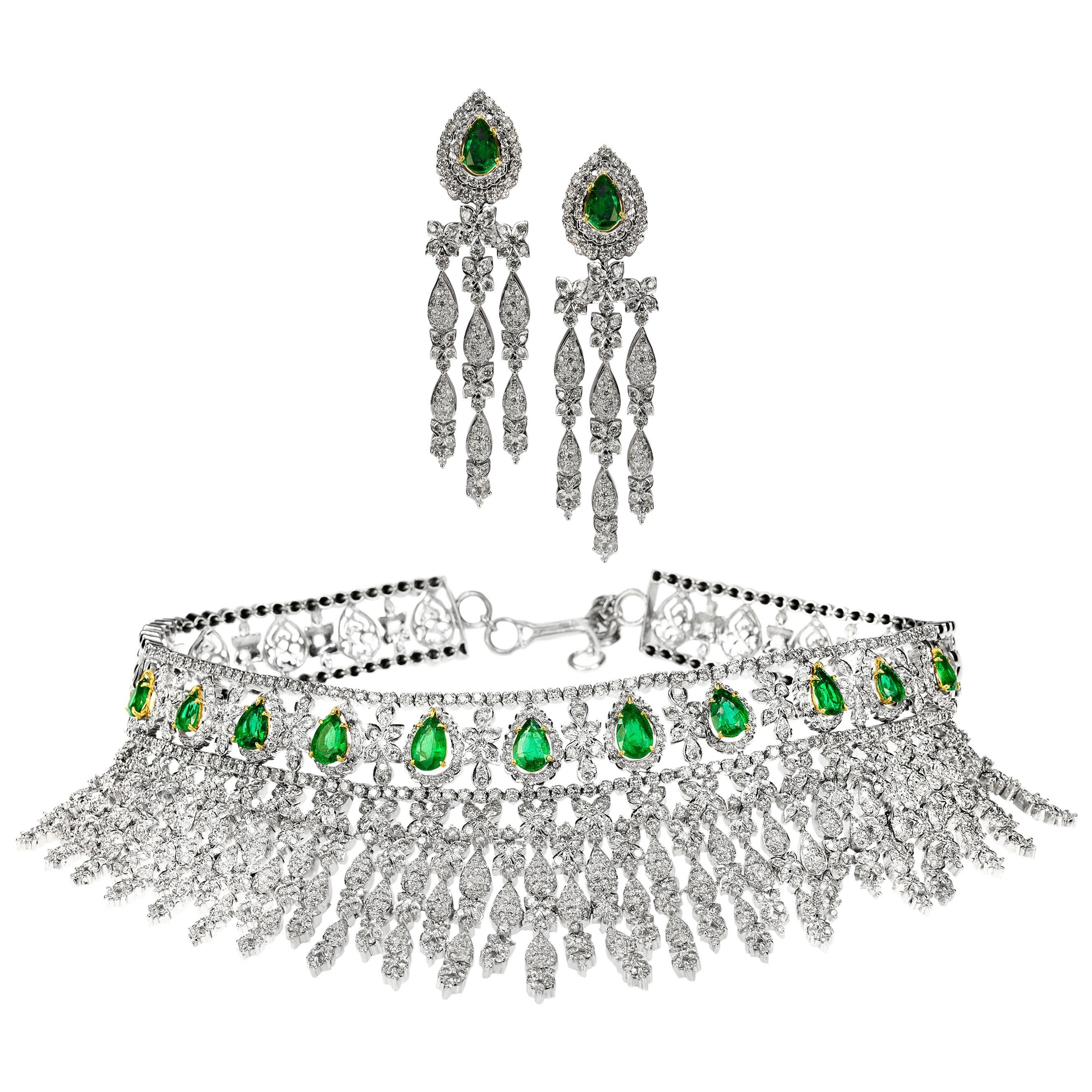 Magnificent Emerald and Diamond Necklace and Earring Suite in 18 Karat Gold