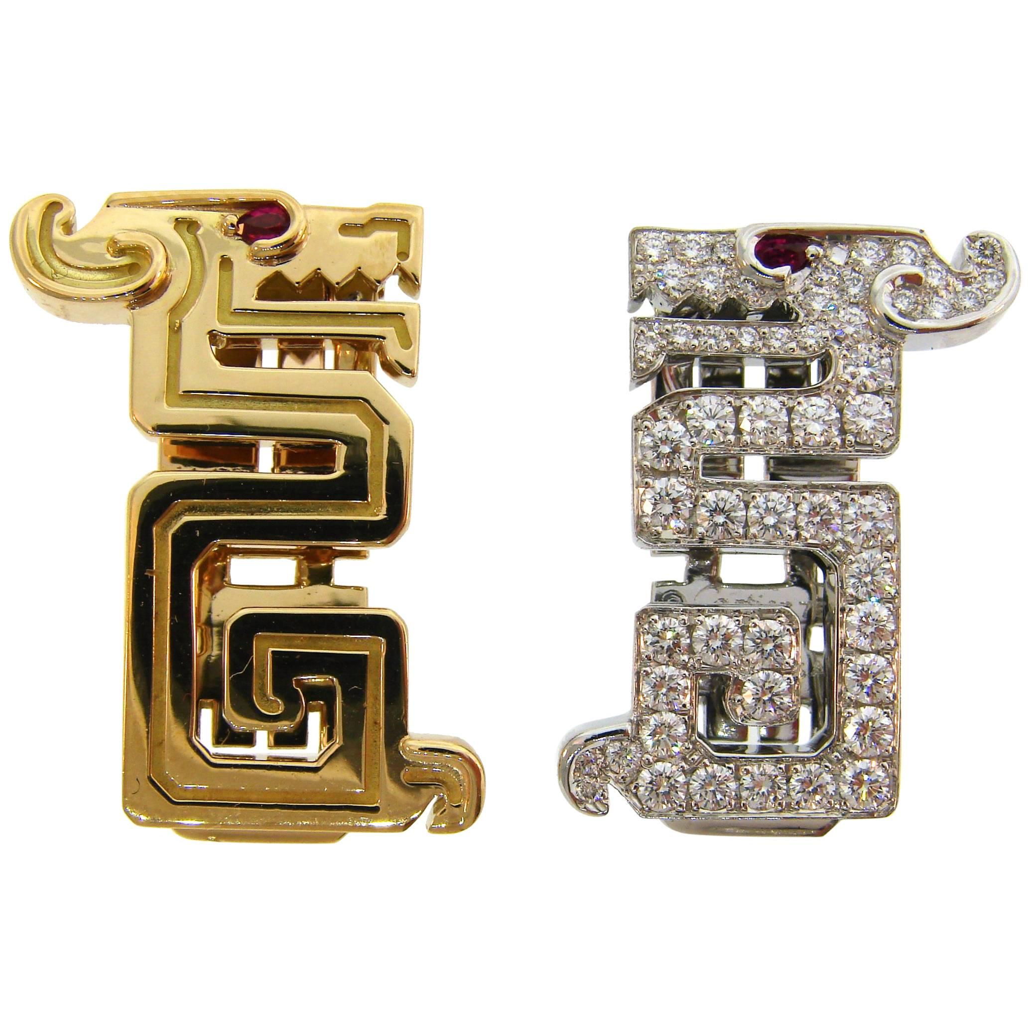 Cartier Le Baiser Du Dragon Diamond Ruby Gold Clip Pair