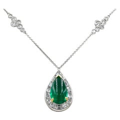 Stunning 3.95 Carat Cabochon Emerald and Diamond Necklace