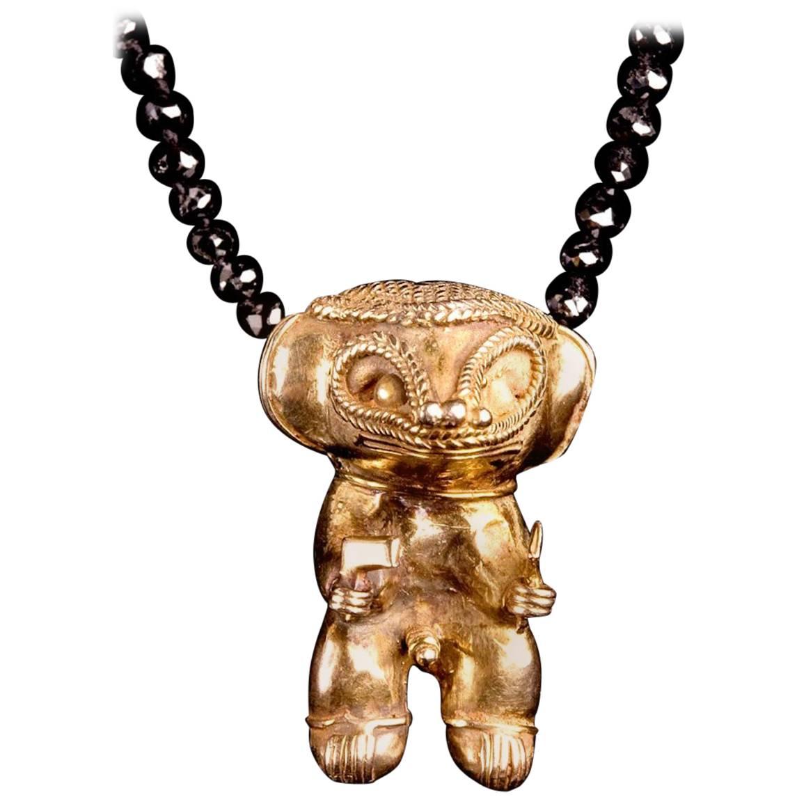 Black Diamond Necklace with Tairona Precolumbian Shaman Gold Pendant For Sale