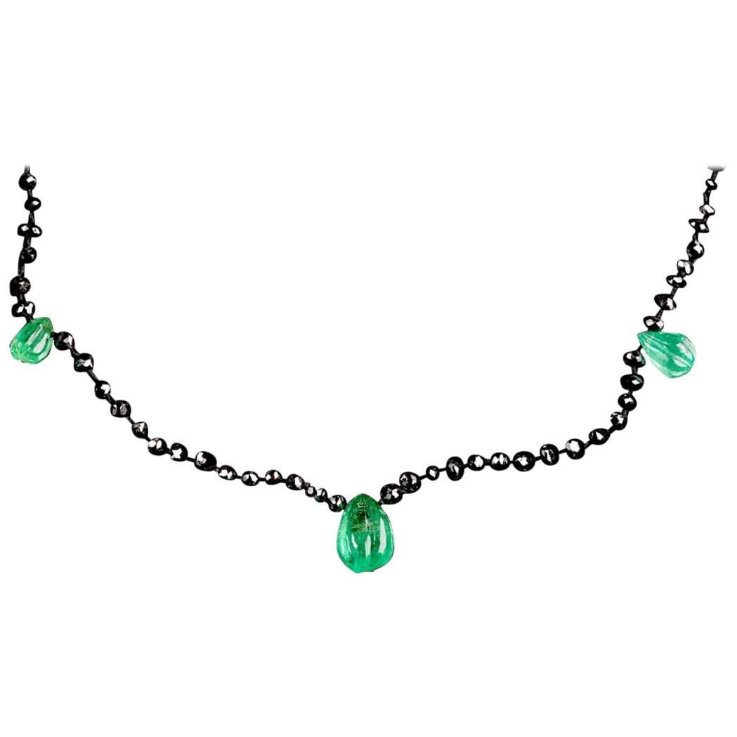 Necklace with Gadrooned Pear Shape Emeralds For Sale