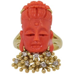 1960s Coral Buddha Diamond Gold Ring