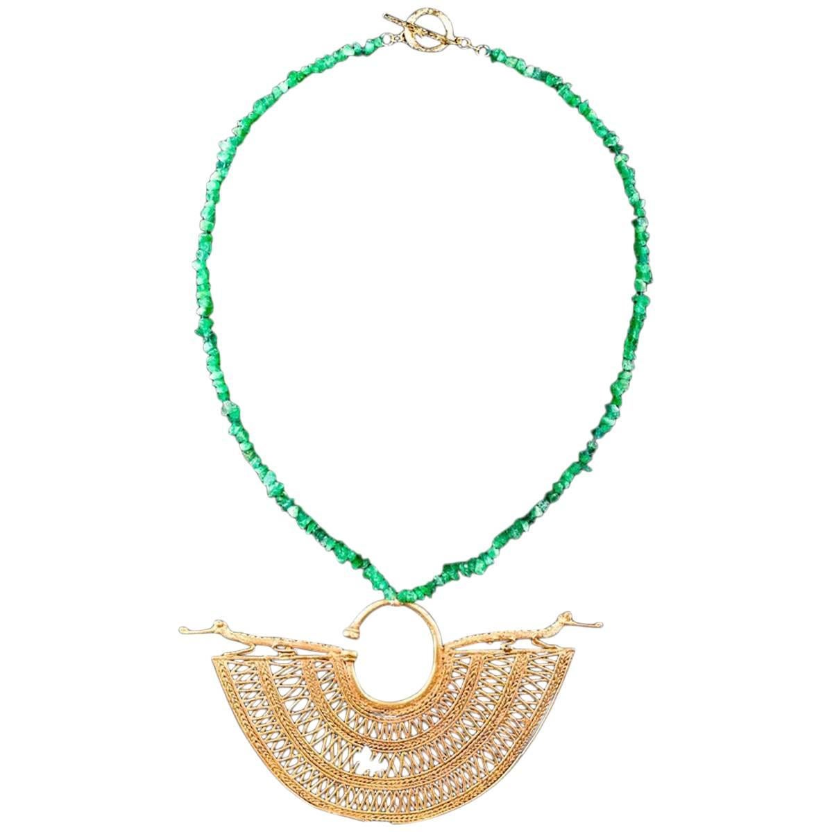 Emerald Chip Necklace with a False Filigree Earring with Caymans For Sale