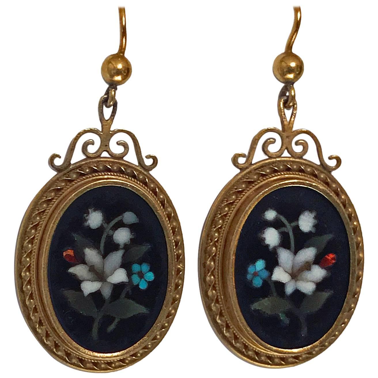 Pair of Antique Gold Pietra Dura Earrings, circa 1875