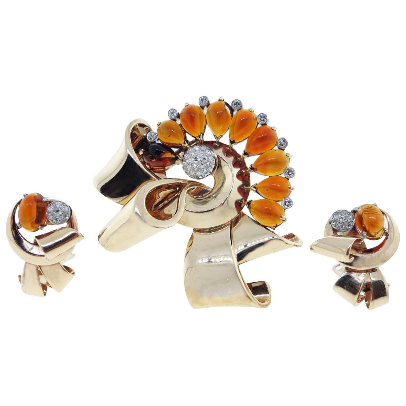 Powerful Retro Citrine and Diamond Brooch and Earring Set