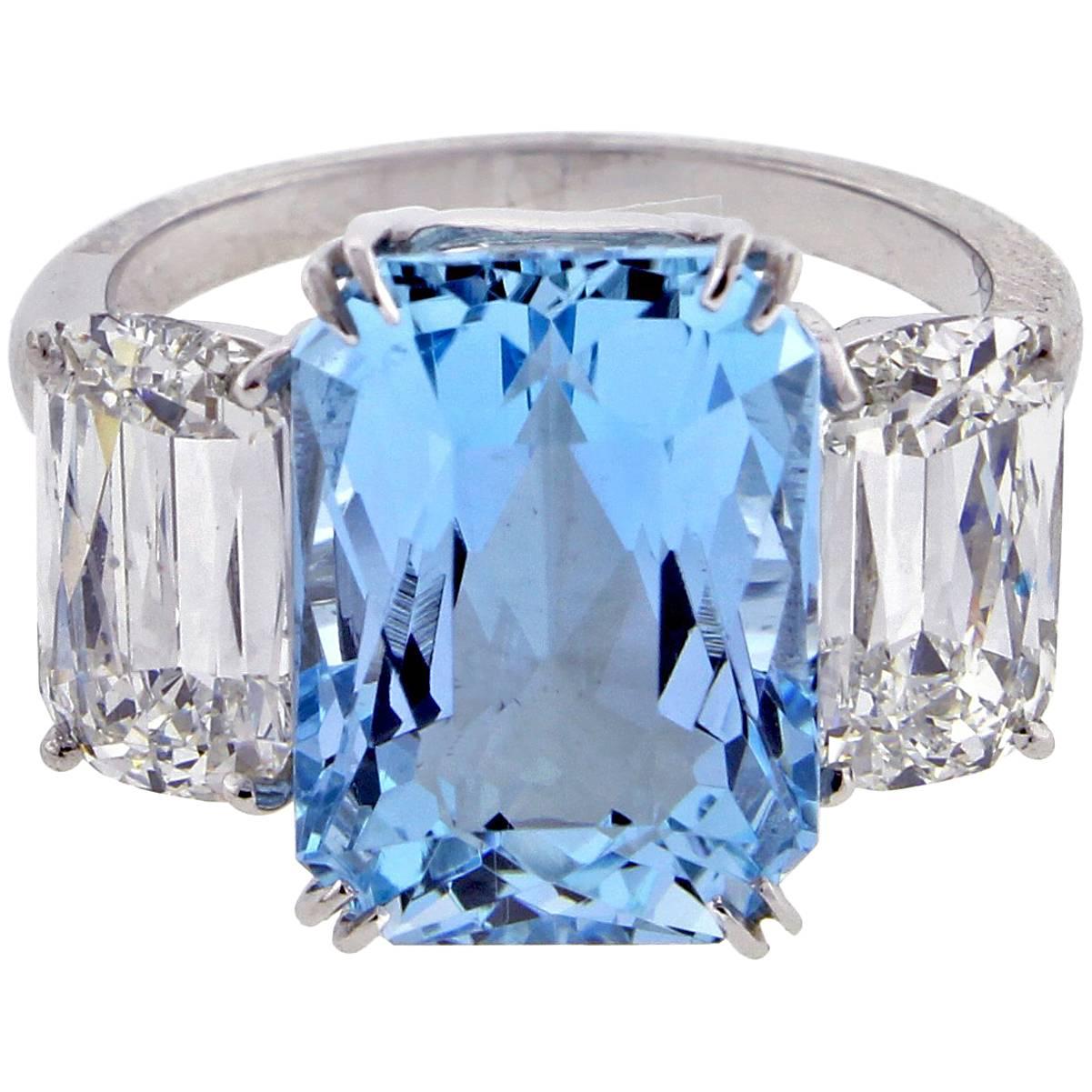 Ashoka Diamond and Aquamarine Ring