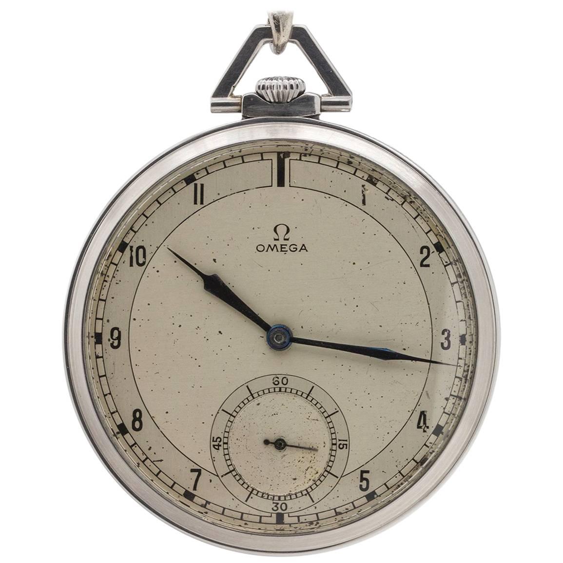 Omega stainless steel 12-S Industrial Design Manual Wind Pocket watch, c1935