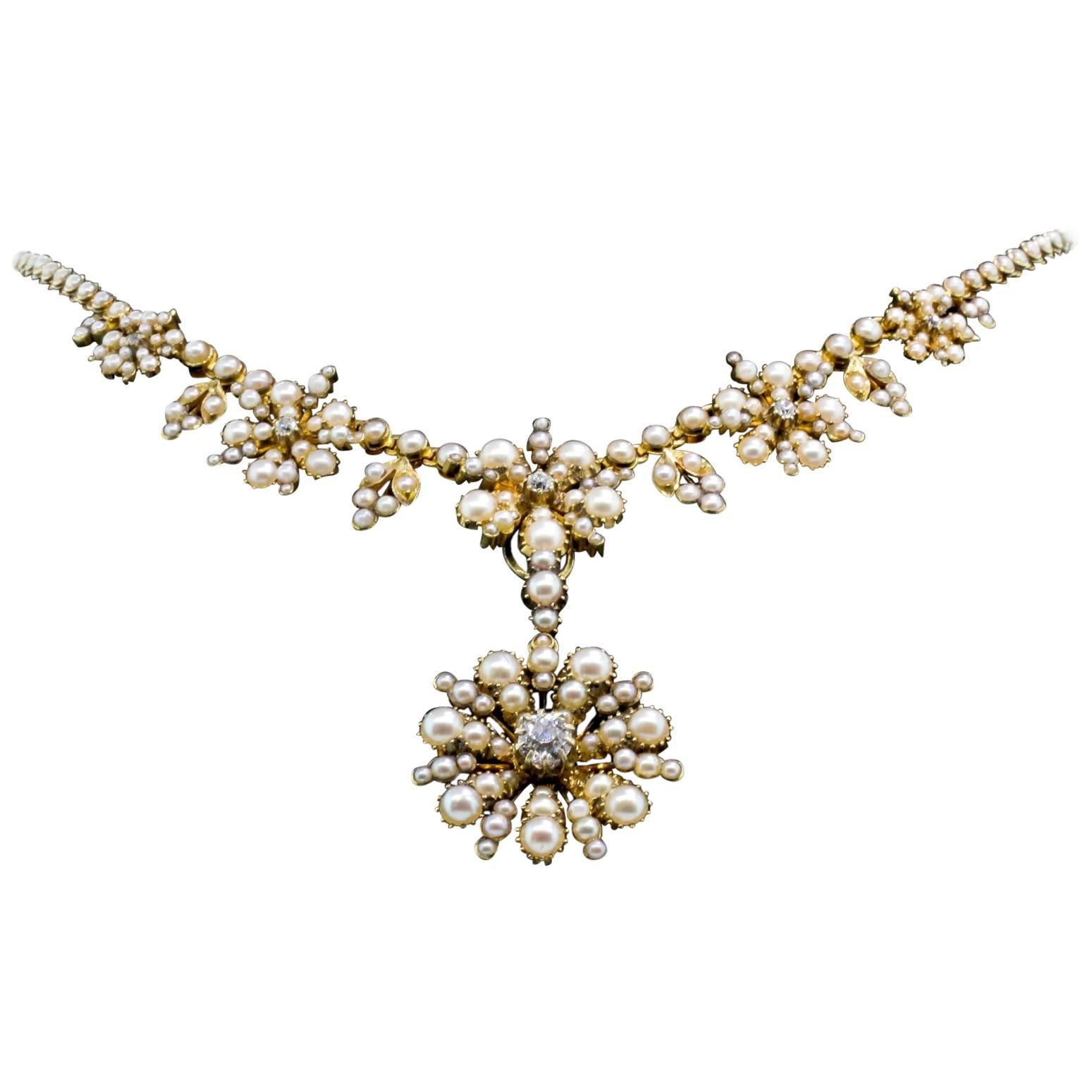 Victorian Seed Pearl Diamond Gold Necklace