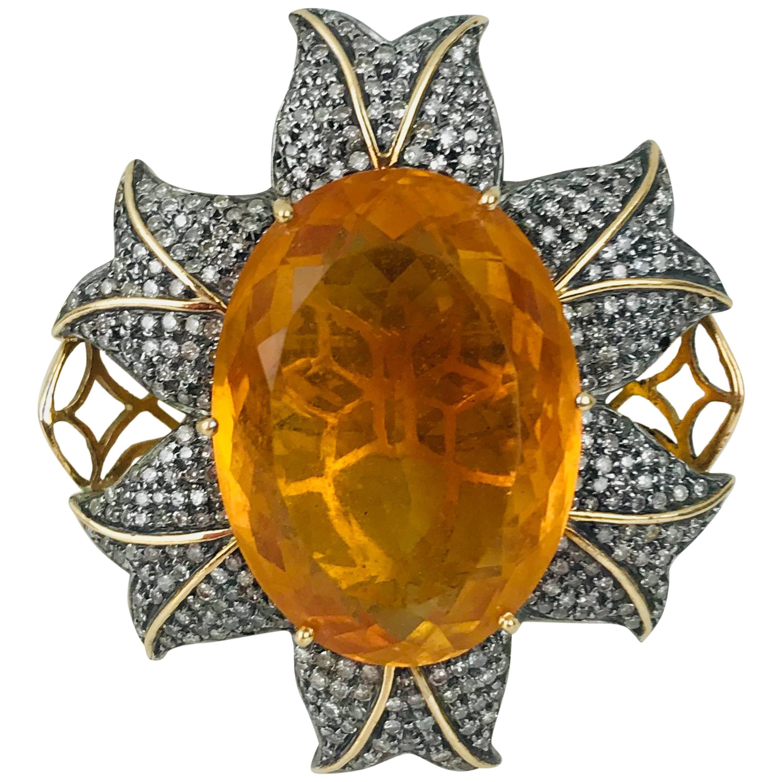 Orange Quartz, 45 Carat Midcentury Ring with 1.50 Carat of Diamonds For Sale