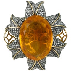 Antique Orange Quartz, 45 Carat Midcentury Ring with 1.50 Carat of Diamonds