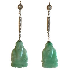 Antique Art Deco  Natural Jade and Pearl Earrings