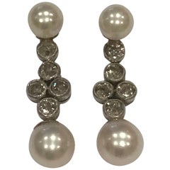 Antique Platinum Old Cut Diamond and Cultured Pearl Earrings 