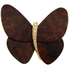 Van Cleef & Arpels Wood Diamond Yellow Gold Butterfly Pin Brooch Clip VCA