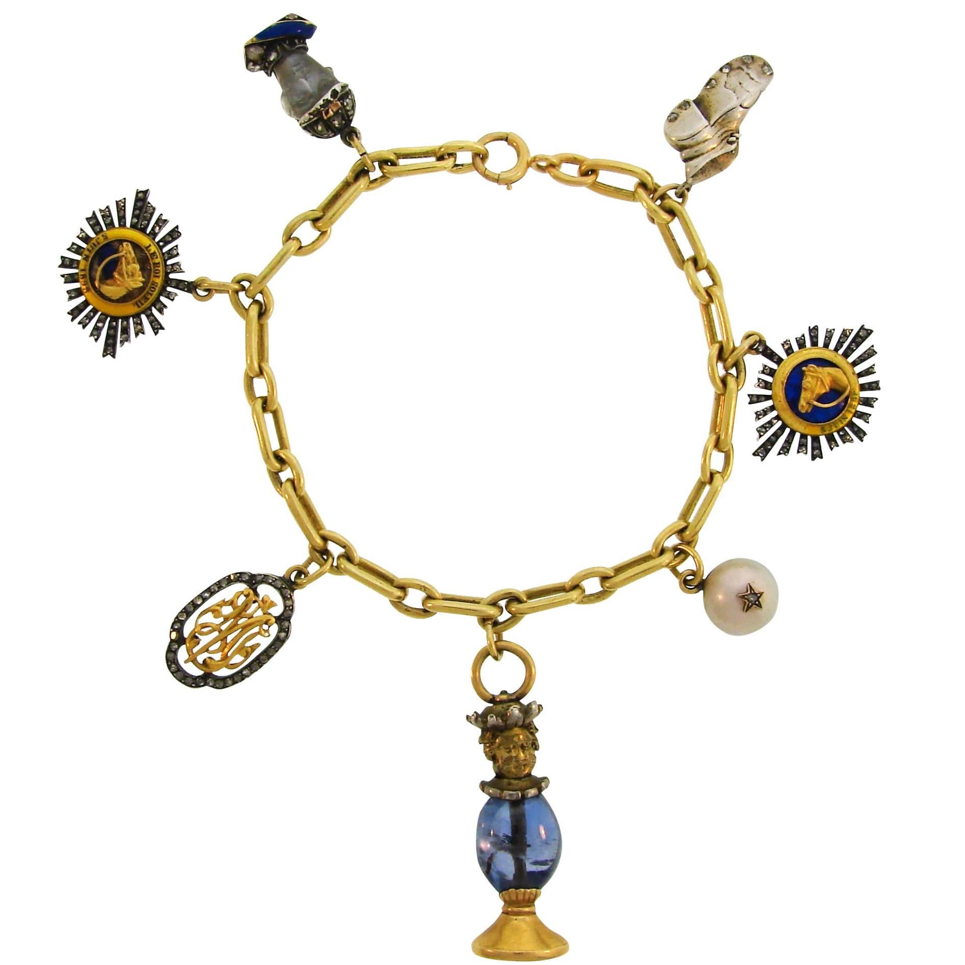 Amazing bracelet with unique beautiful charms. Lovely and wearable, the bracelet is definitely a conversational piece and a great addition to your jewelry collection.
The bracelet is made of 14 karat yellow gold (tested), the charms are made of
