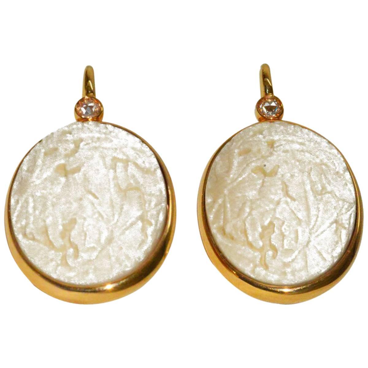 Pomellato Carved White Coral Diamond Gold Earrings