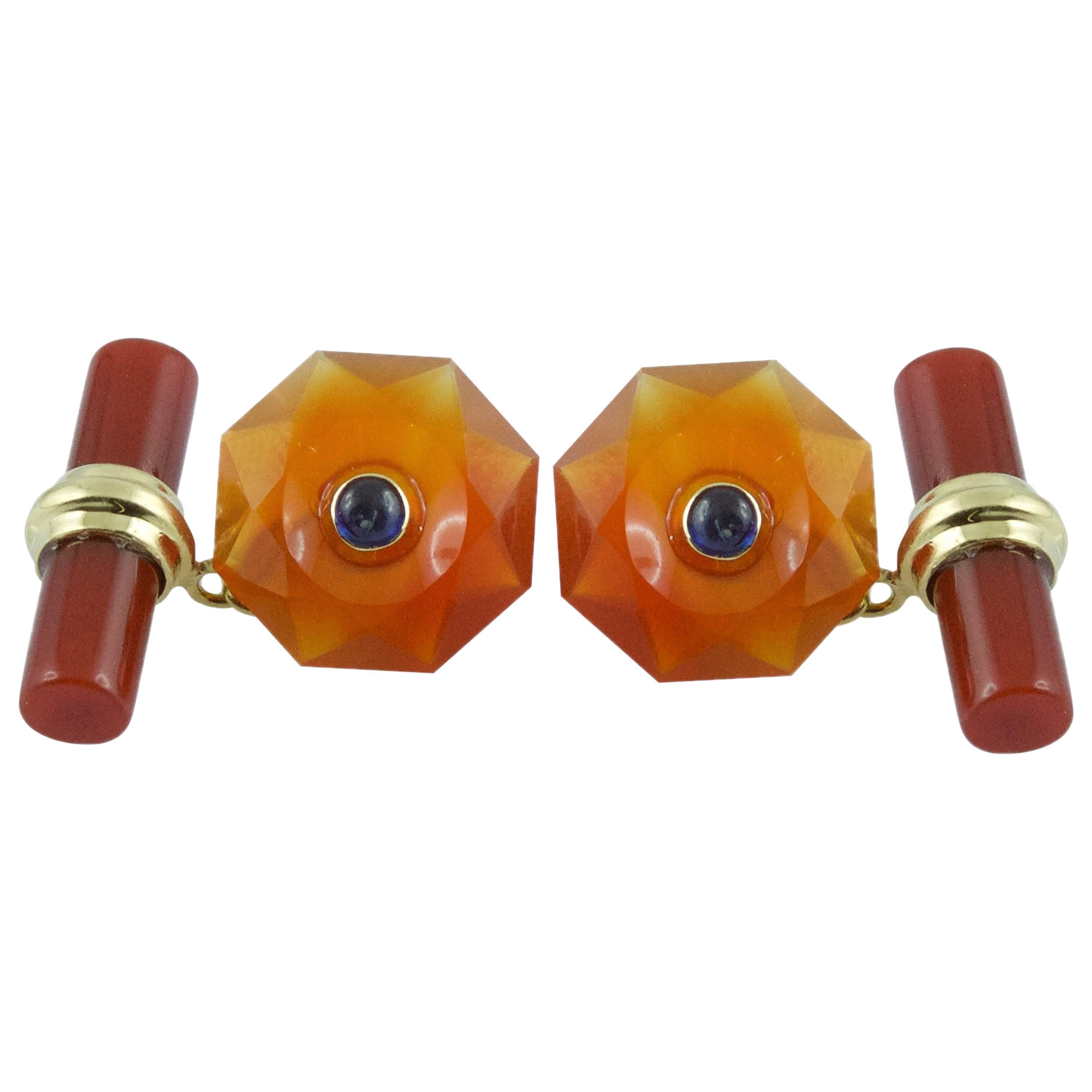 Gold Cufflinks in Carnelian with Sapphires
