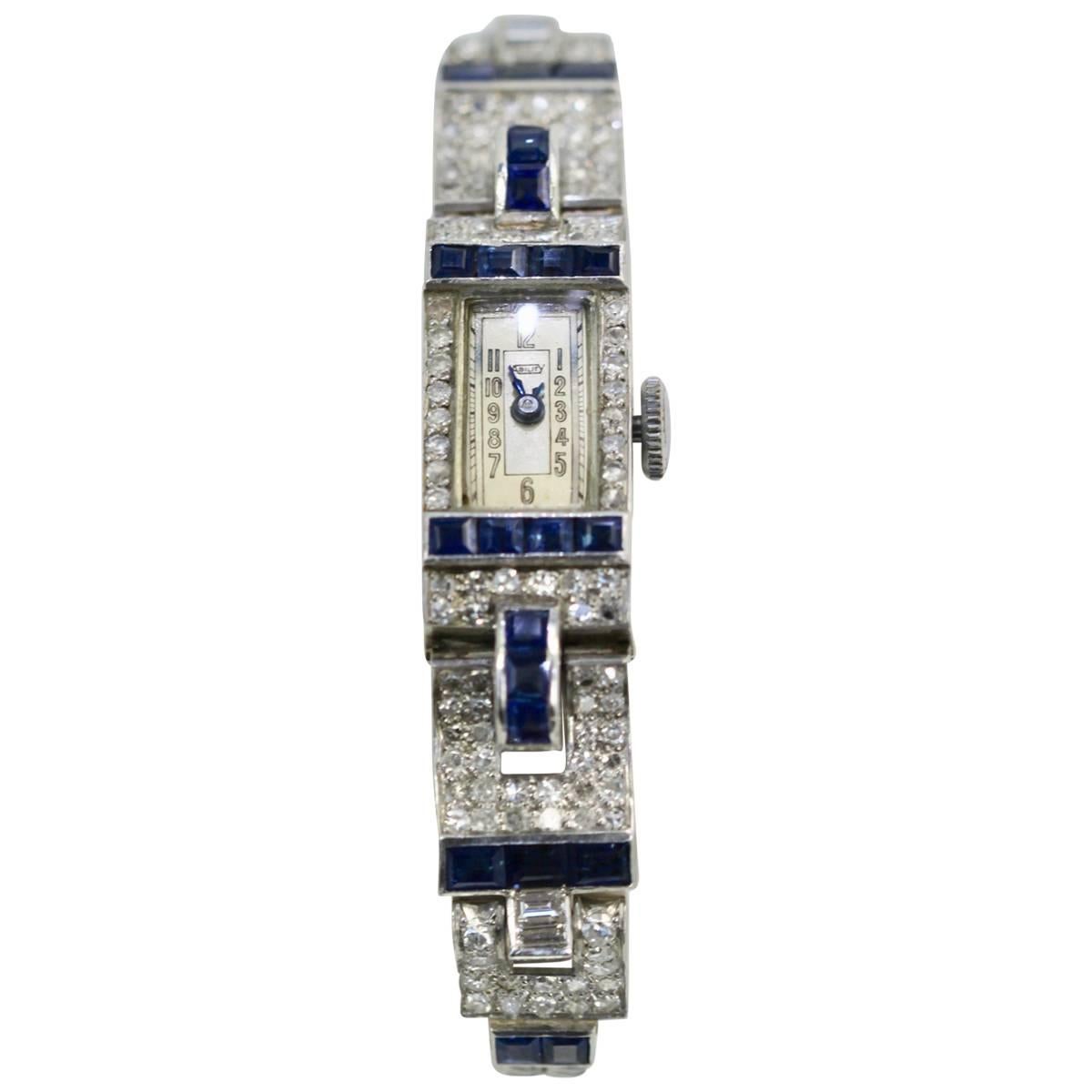 Ladies Platinum Diamond Sapphire Bracelet Wristwatch, circa 1935