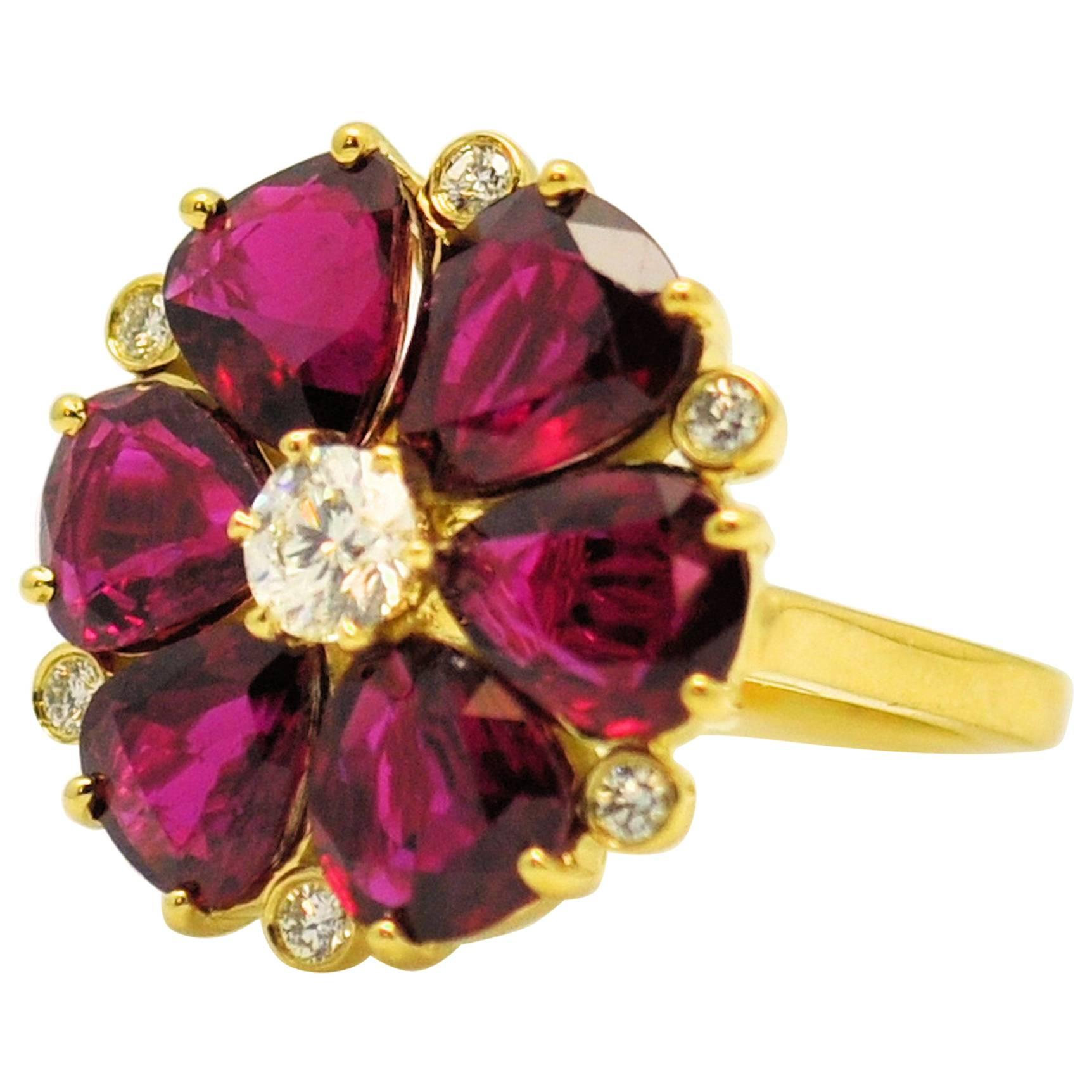 Fine Floral Ruby and Diamond Ring, 7.52 Carat in Rubies