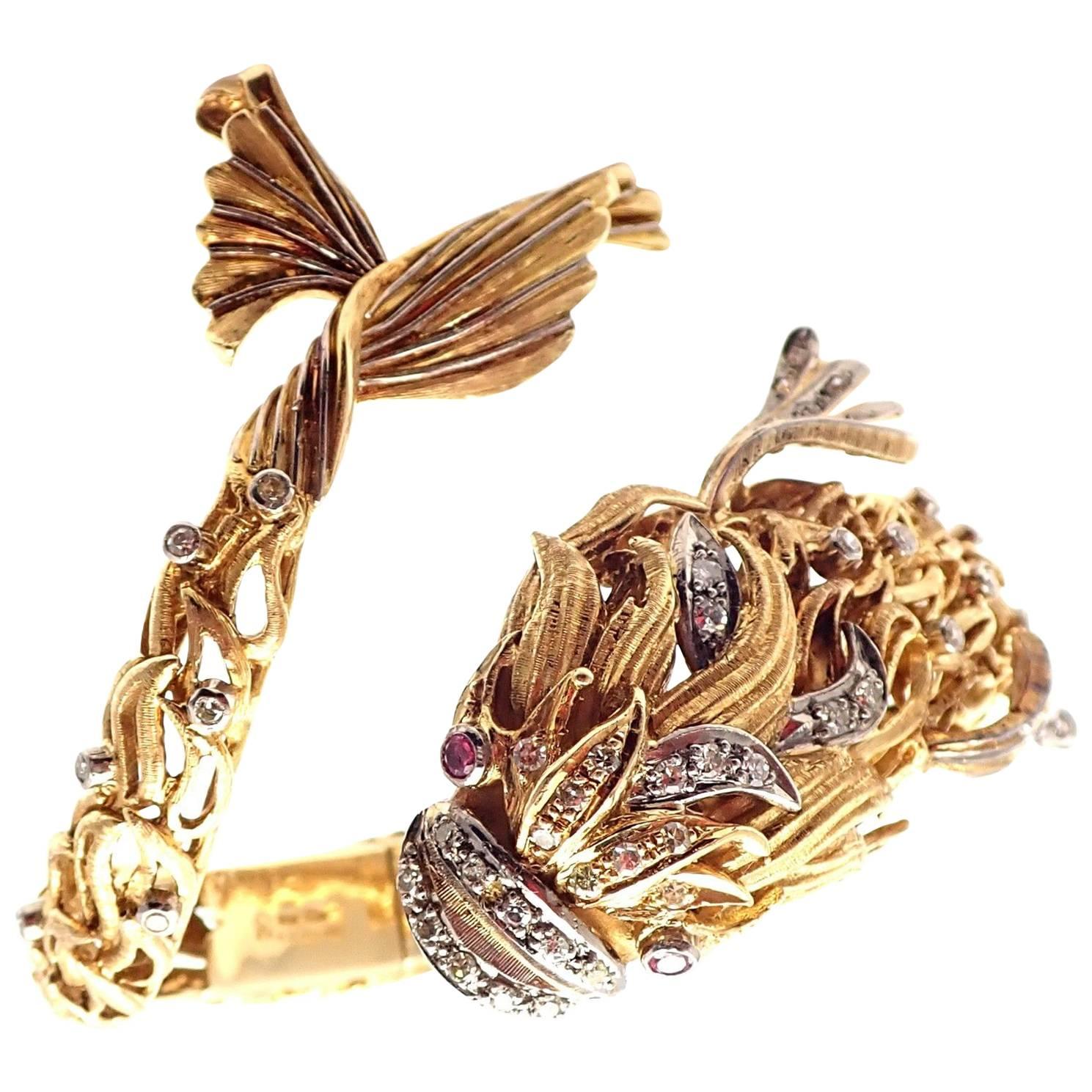 Illias Lalaounis Diamond Ruby Yellow Gold Fish Bangle Bracelet