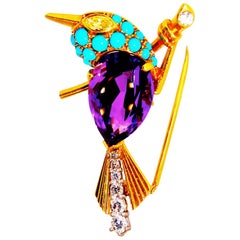 Vintage Cartier 1960s Amethyst Diamond Turquoise Gold Sparrow Pin