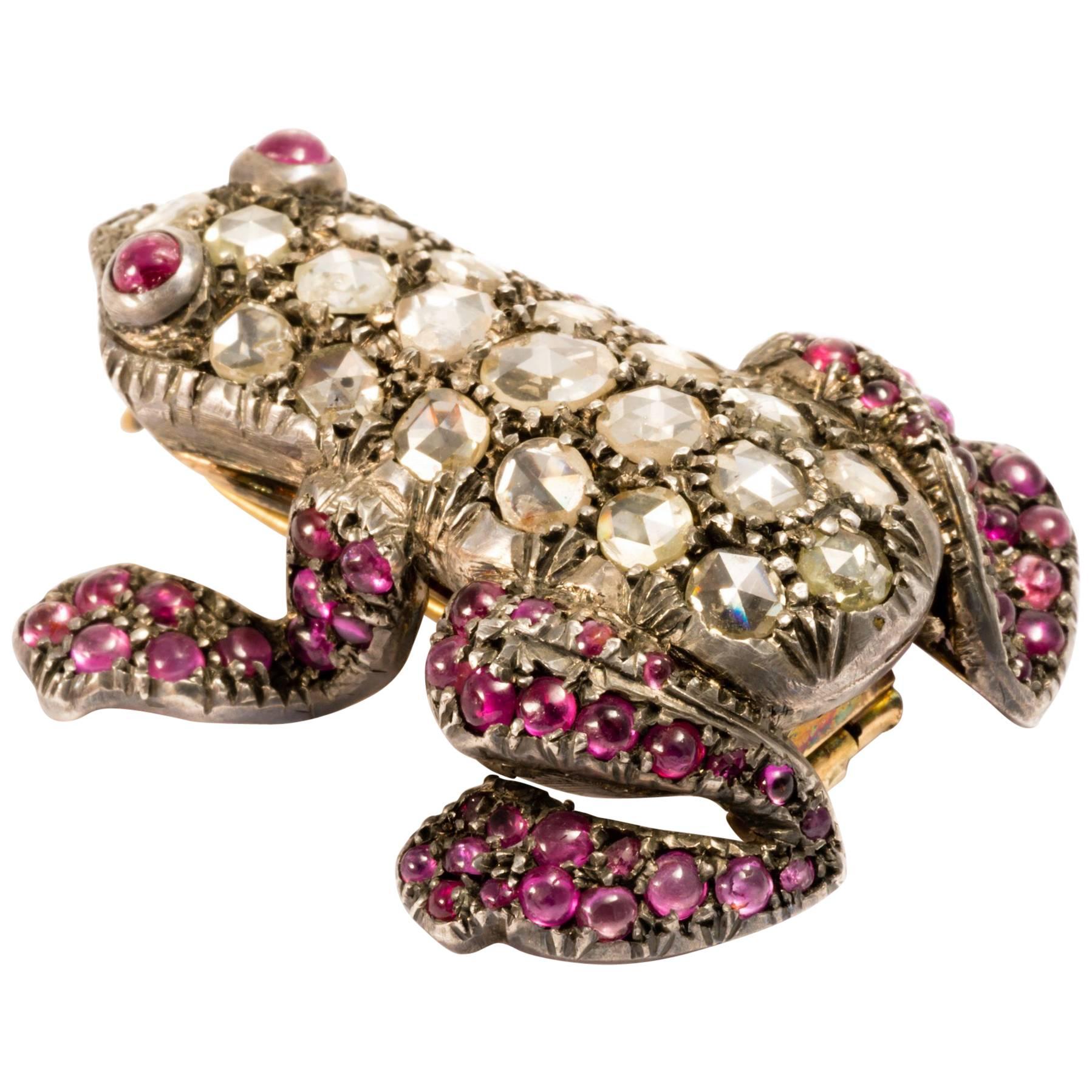 1880 Antique Symbol Rose Cut Diamonds and Rubies Frog Necklace Enhancer Brooch 